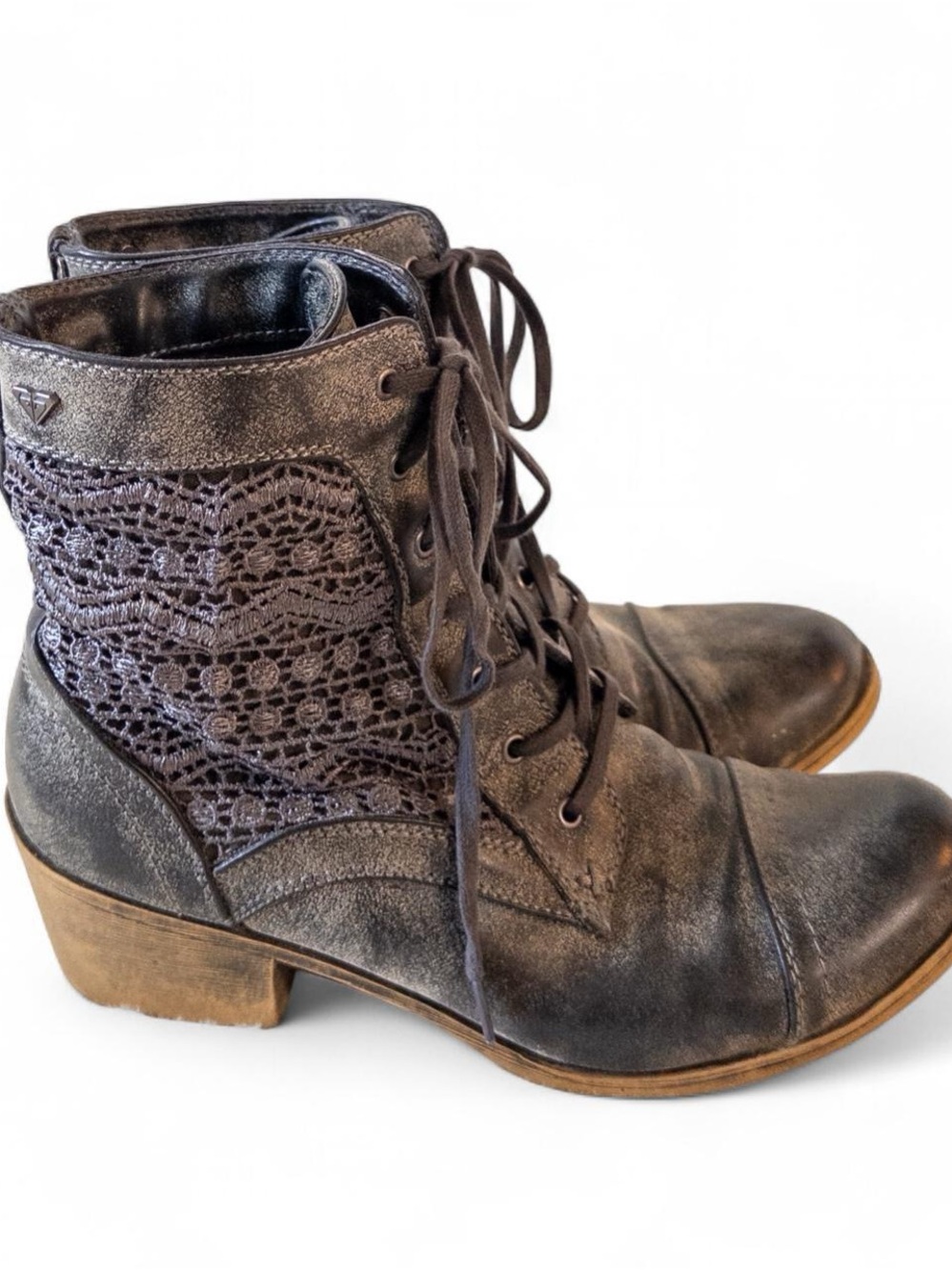 Roxy Distressed Gray Lace-Up Combat Boots Crochet Lace Panel Boho